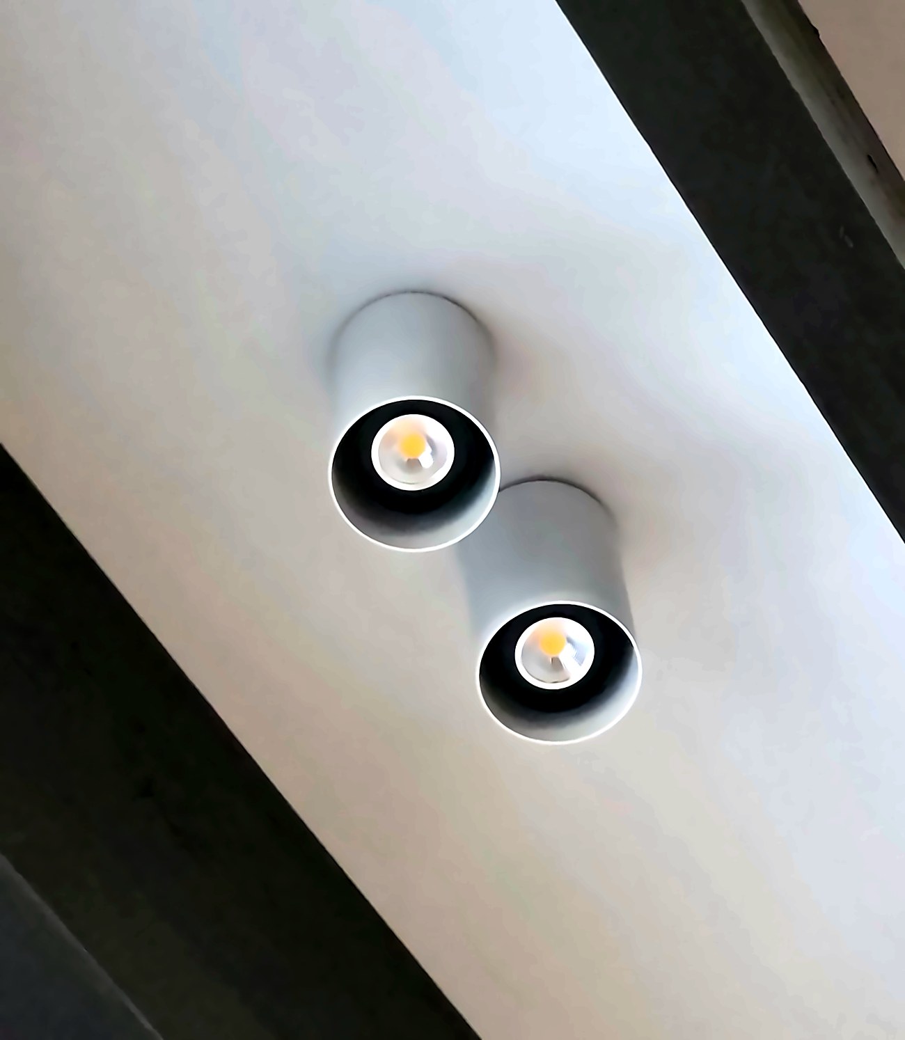 Twin surface-mount cylinder downlights on a raked ceiling