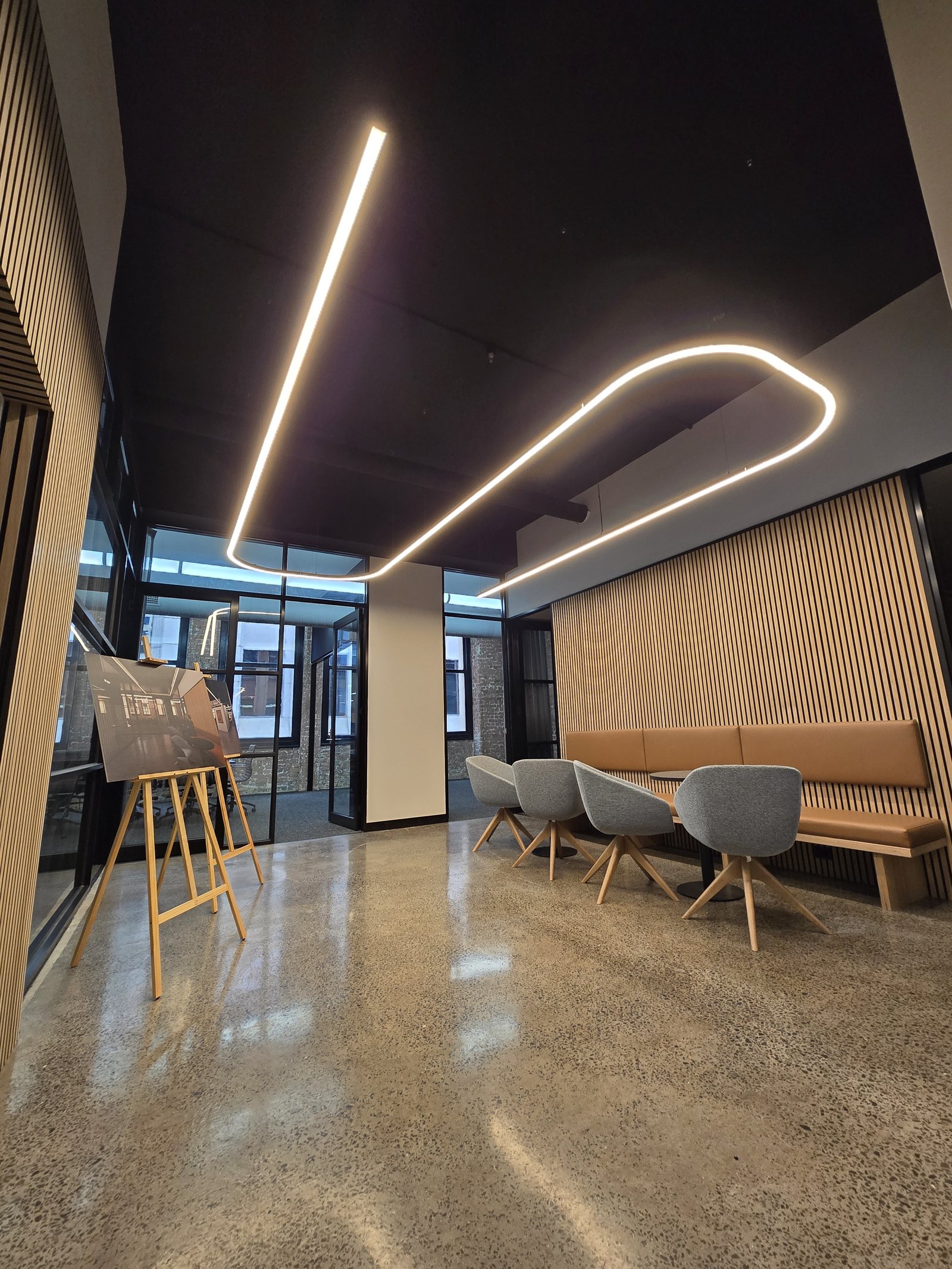 Café interior with linear feature lighting