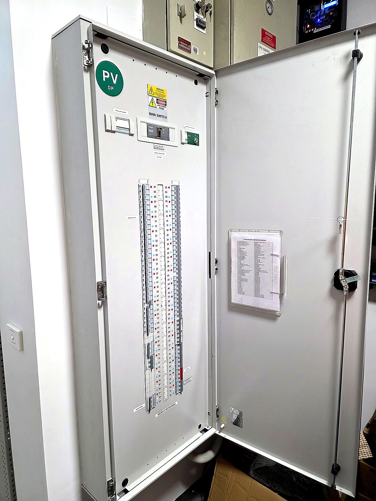Solar PV distribution board with terminated busbar and labelled circuits